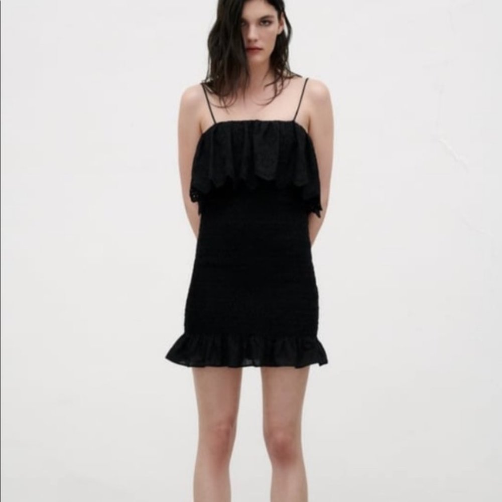 NWT Zara Spaghetti Strap Eyelit Black Ruffle Bodycon L